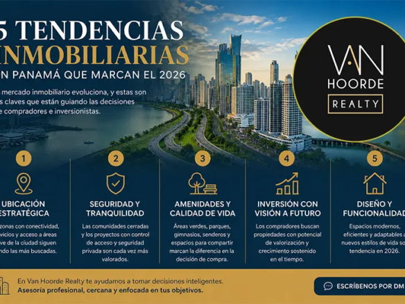 5 tendencias inmobiliarias en Panamá para 2026 con vista panorámica de la Ciudad de Panamá y análisis de ubicación, seguridad, amenidades, inversión y diseño funcional.